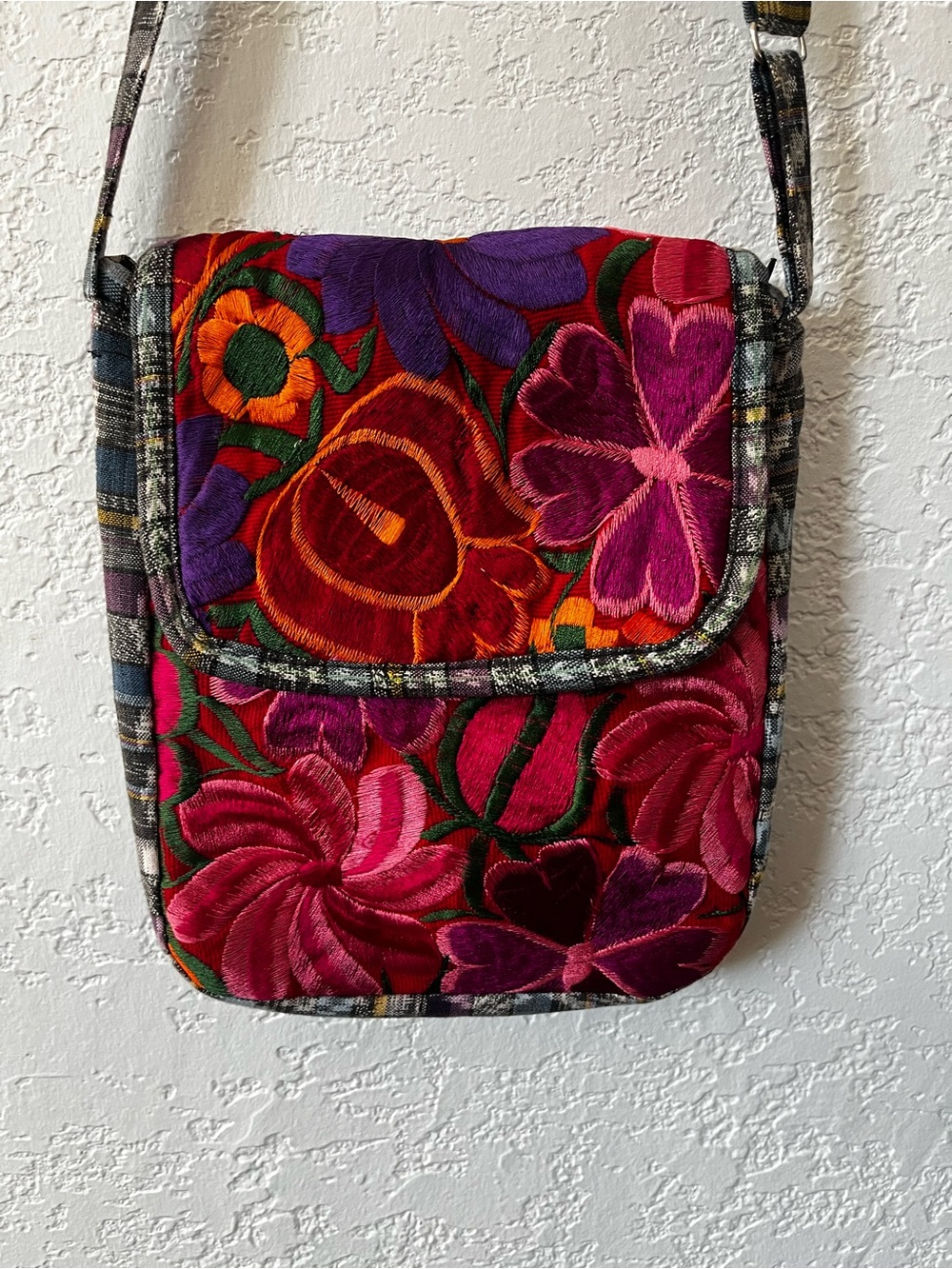 Mexican Floral Embroidered Crossbody Canvas Bag Boho Hippie Pinks Multi Floral